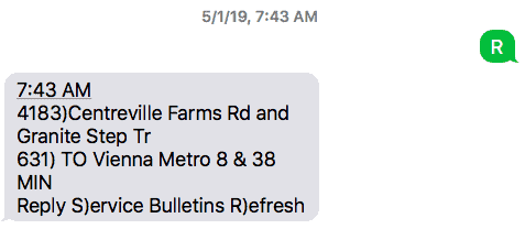 What I see in the bus arrival message with everything masked except for the estimate arrival time.