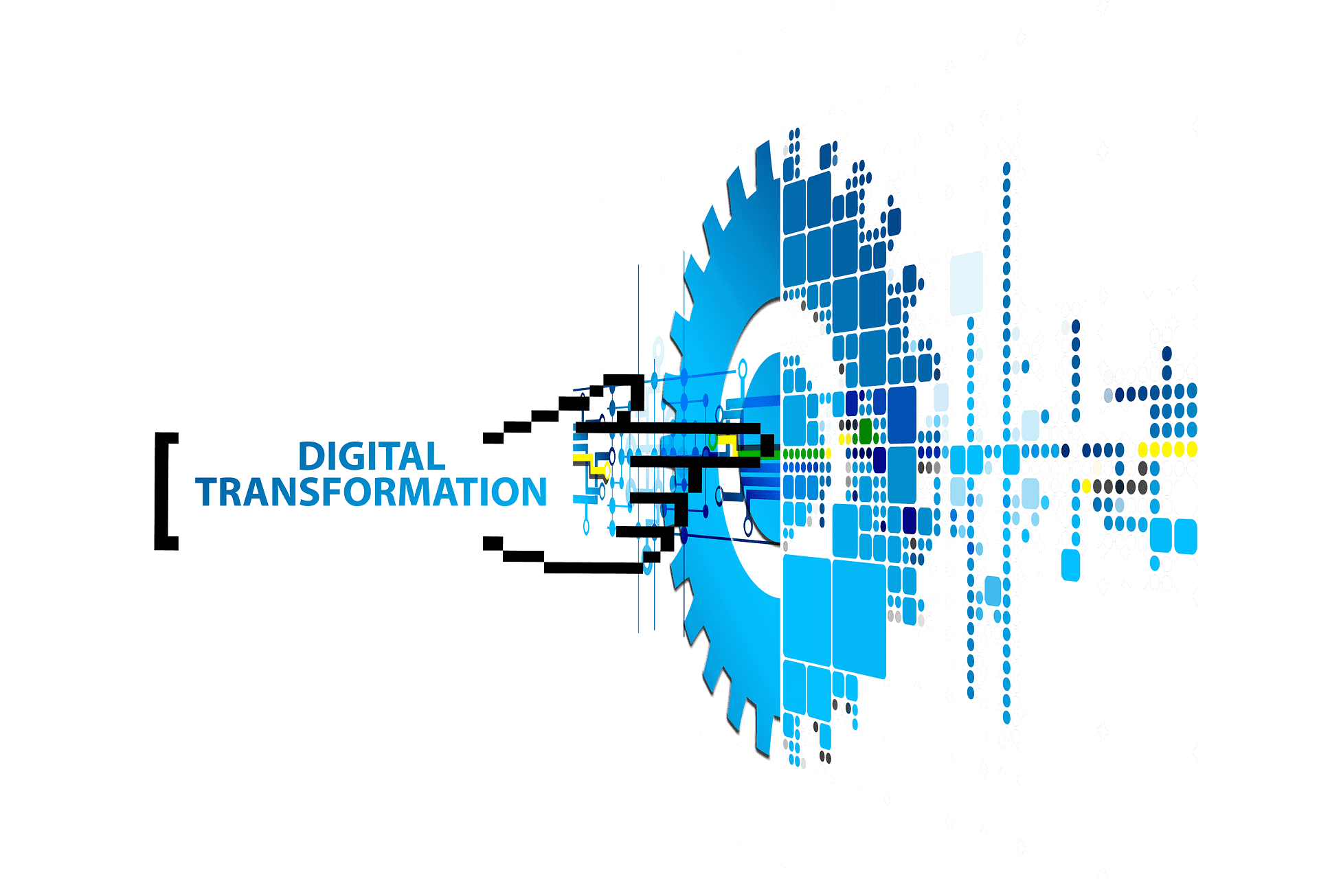 digital transformation text with digital hand point into a blue digital gear
