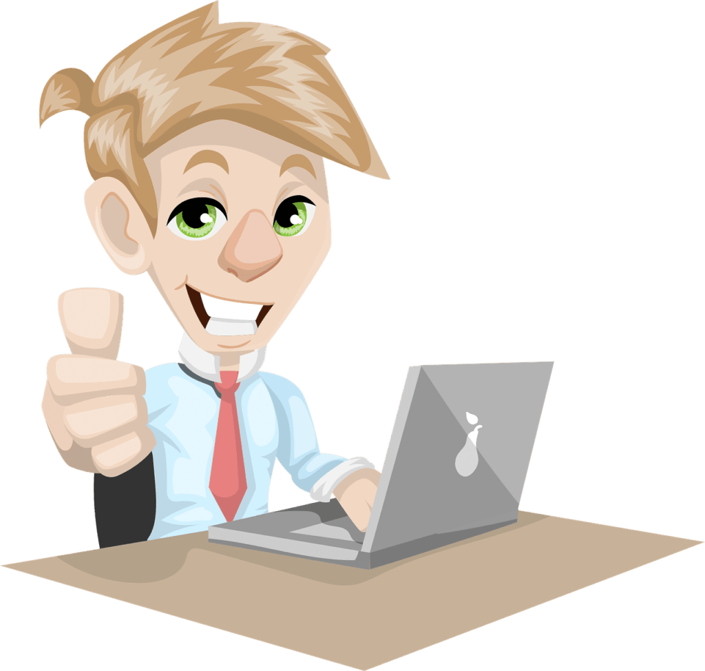 male cartoon in a collared shirt and tie with his thumbs up sitting at a desk in front of laptop