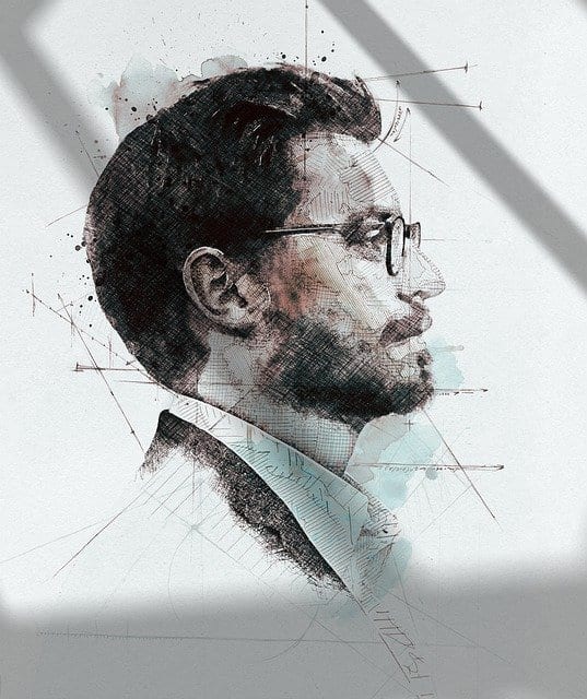 sketch of a man's profile wearing a collared shirt and glasses