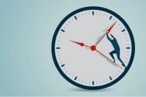 illustration of a figure pushing the minute and second hand in a analog clock